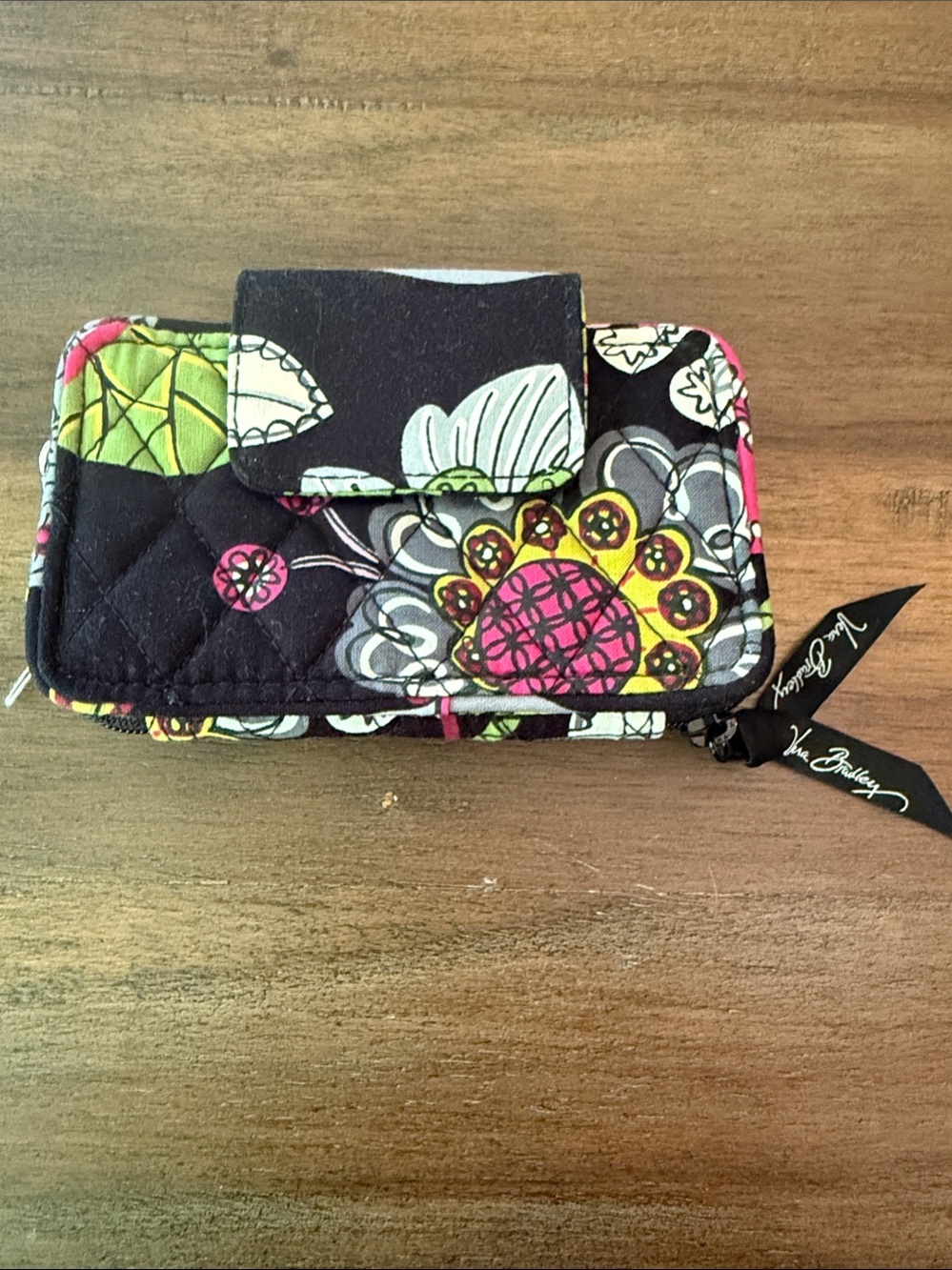 Vera Bradley Black Quilted Wristlet with Pink, Yellow & Green Floral Print - Picture 1 of 10